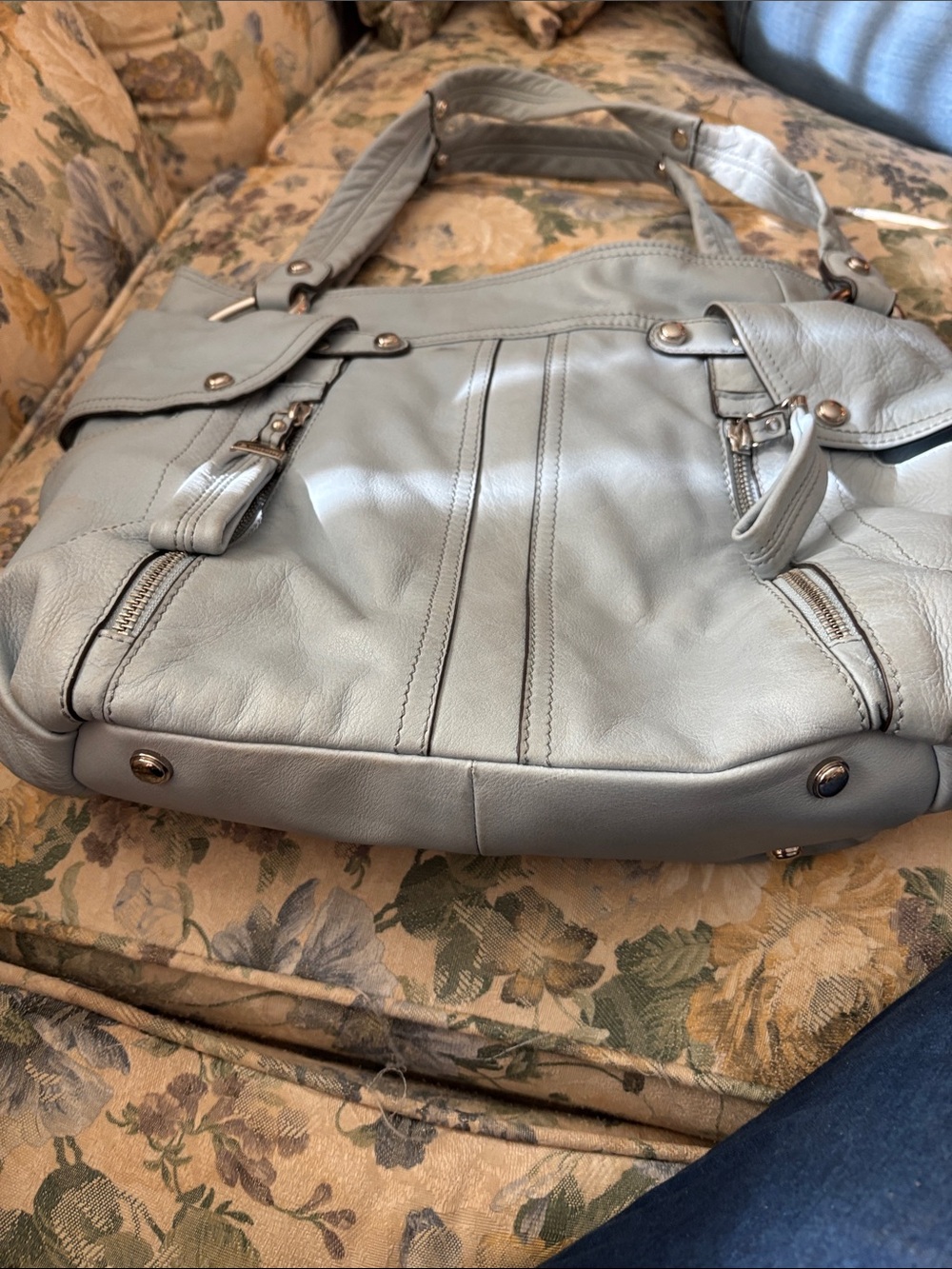 b. makowsky Light Gray Leather Tote with Leopard-Print Interior